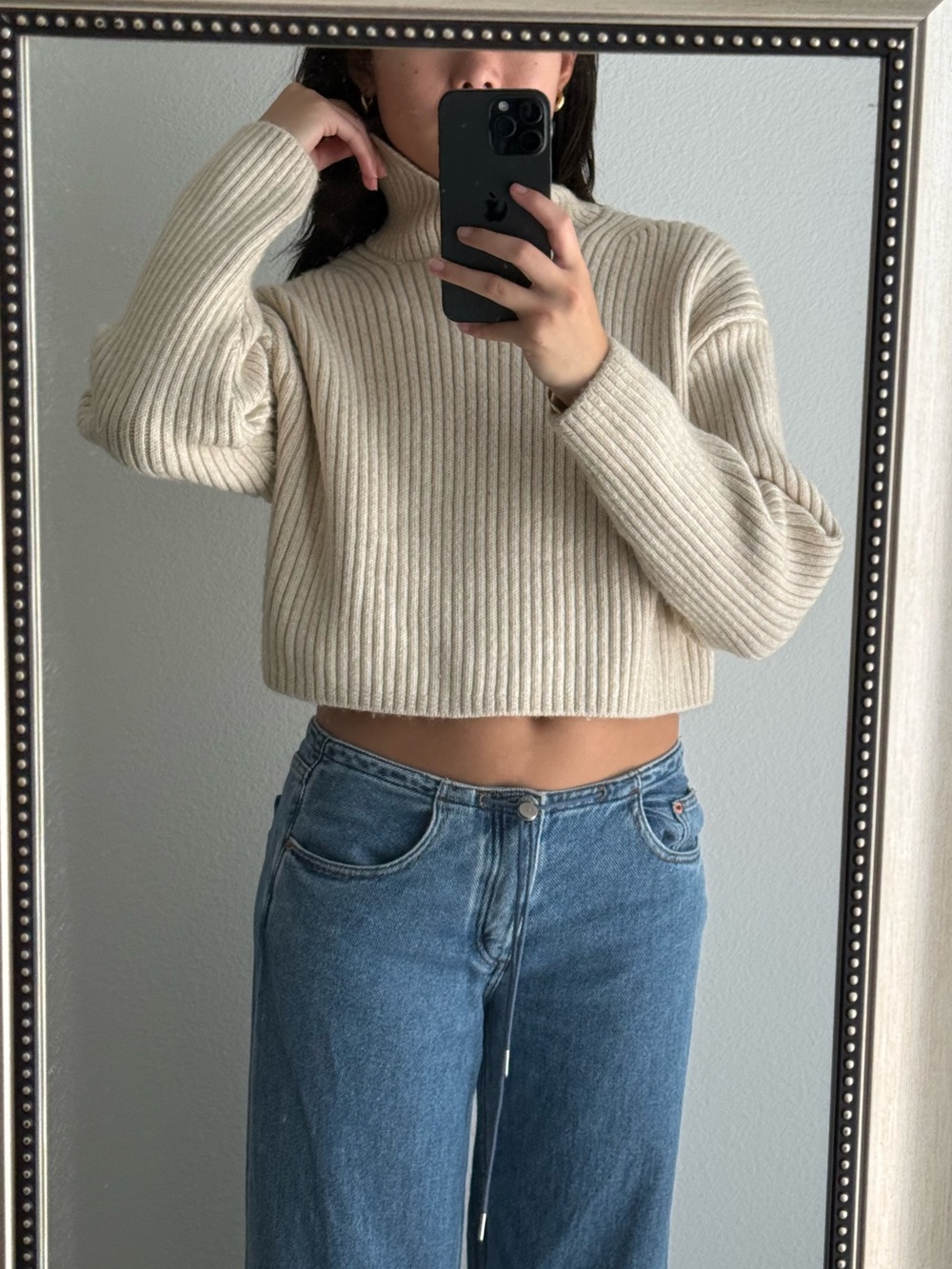 NEW Oatmeal Beige Light Brown Tan Cropped Ribbed Turtleneck Cozy Sweater